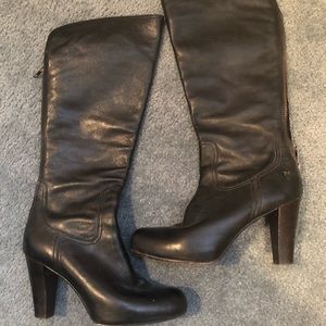 Black leather high heeled Frye boots